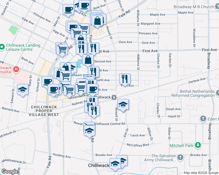 map of restaurants, bars, coffee shops, grocery stores, and more near 46061 Fifth Avenue in Chilliwack