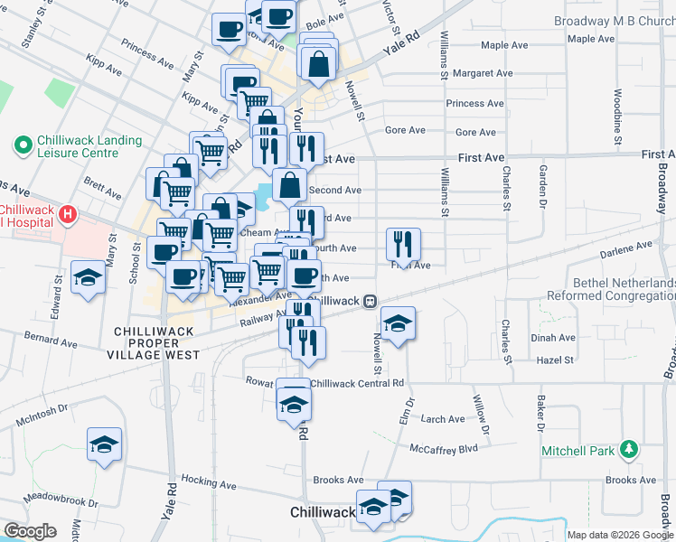 map of restaurants, bars, coffee shops, grocery stores, and more near 46045 Fifth Avenue in Chilliwack