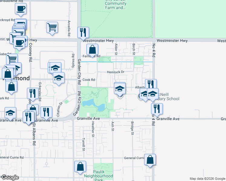 map of restaurants, bars, coffee shops, grocery stores, and more near 9440 Alberta Road in Richmond