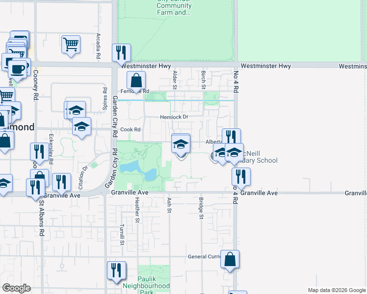 map of restaurants, bars, coffee shops, grocery stores, and more near 9520 Alberta Road in Richmond