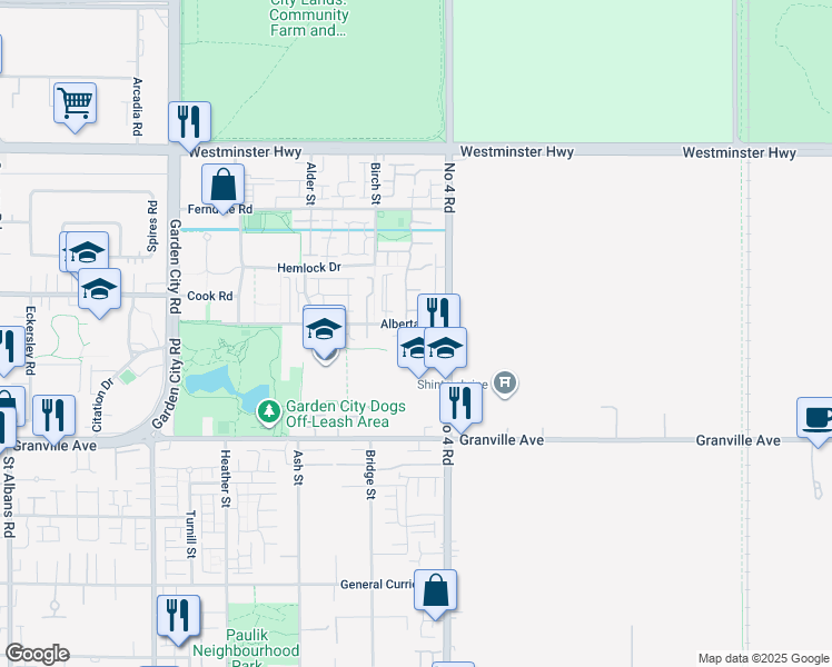 map of restaurants, bars, coffee shops, grocery stores, and more near 9780 Alberta Road in Richmond