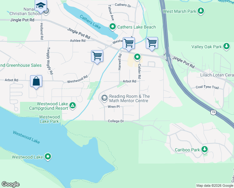map of restaurants, bars, coffee shops, grocery stores, and more near 2164 Woodthrush Place in Nanaimo