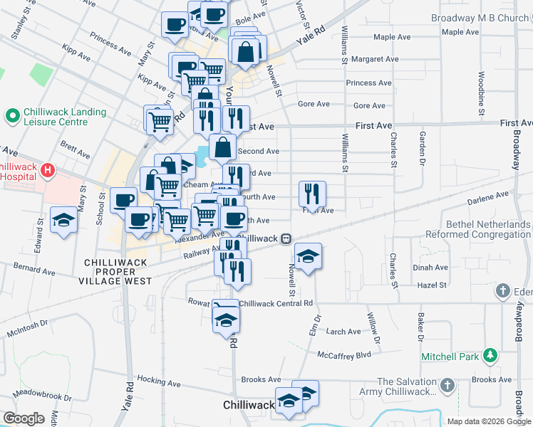 map of restaurants, bars, coffee shops, grocery stores, and more near 46061 Fifth Avenue in Chilliwack