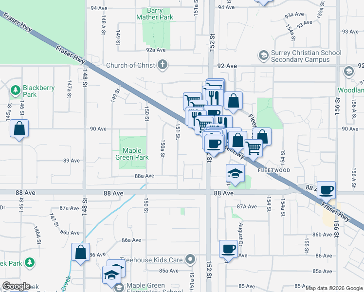 map of restaurants, bars, coffee shops, grocery stores, and more near 8956 151 Street in Surrey