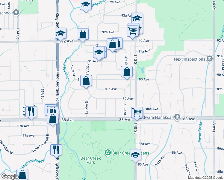 map of restaurants, bars, coffee shops, grocery stores, and more near 13884 89A Avenue in Surrey