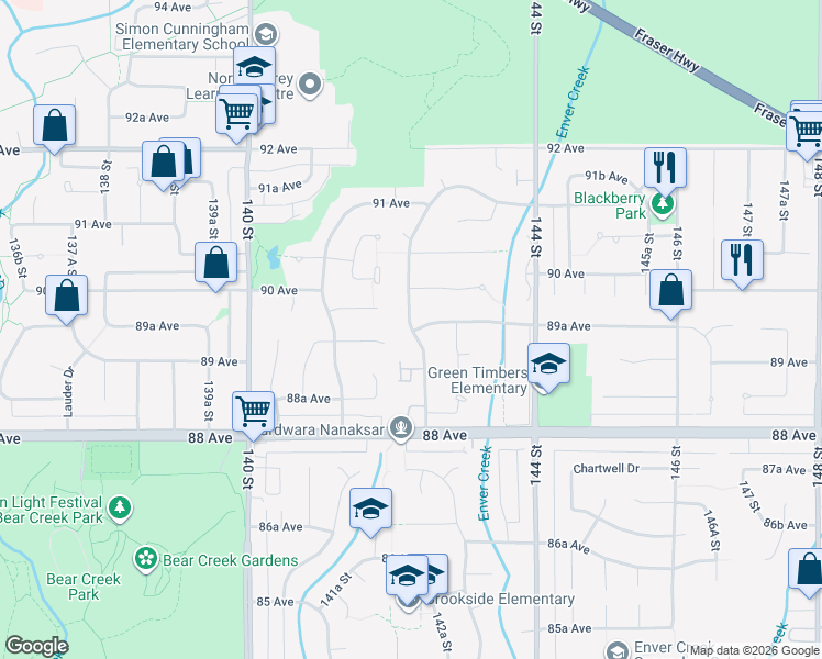map of restaurants, bars, coffee shops, grocery stores, and more near 8953 142A Street in Surrey