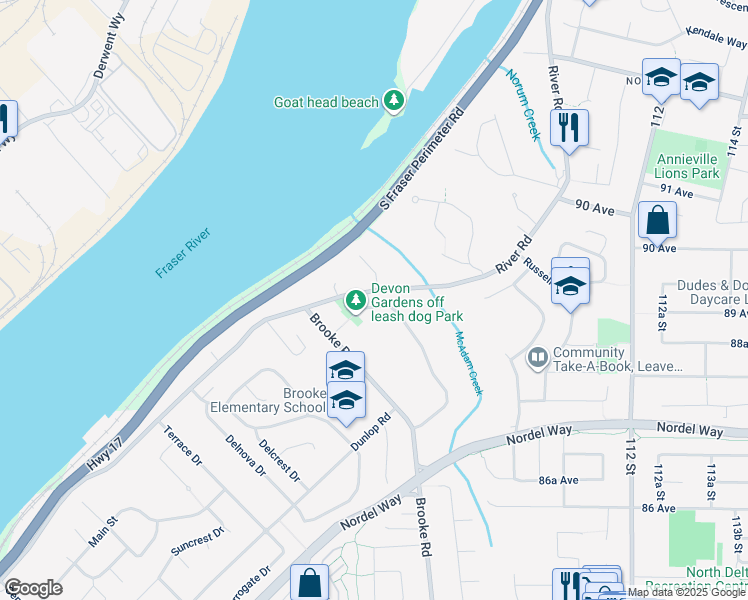 map of restaurants, bars, coffee shops, grocery stores, and more near 11000 McAdam Road in Delta