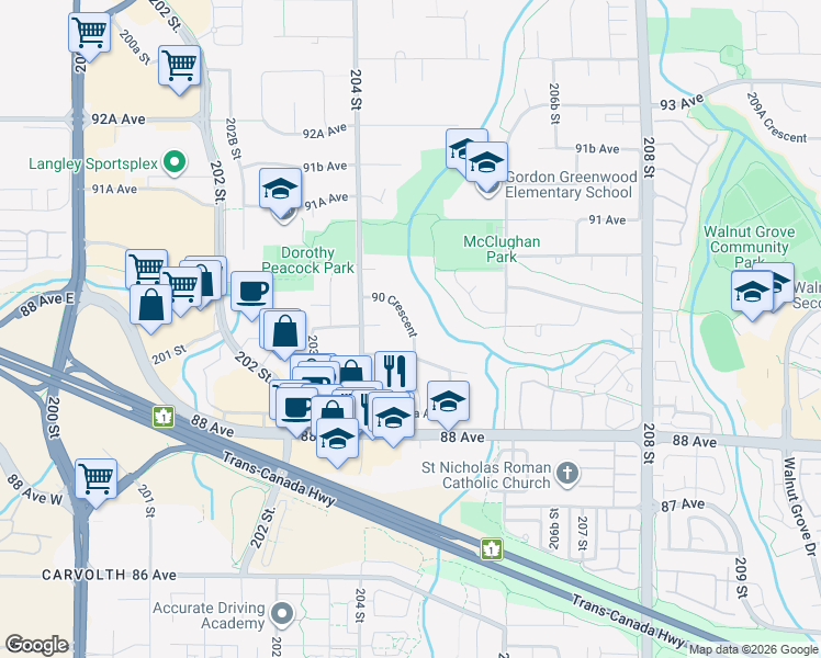 map of restaurants, bars, coffee shops, grocery stores, and more near 20448 90 Crescent in Langley