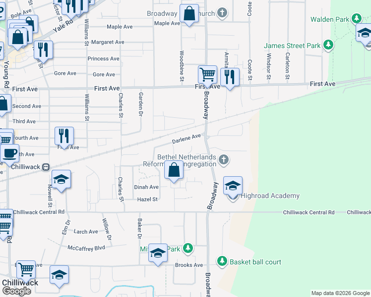 map of restaurants, bars, coffee shops, grocery stores, and more near 46510 Darlene Avenue in Chilliwack