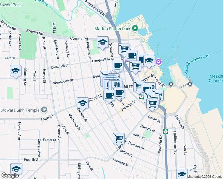map of restaurants, bars, coffee shops, grocery stores, and more near 418 Fitzwilliam Street in Nanaimo