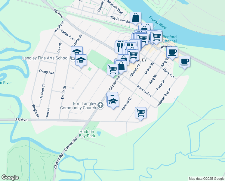 map of restaurants, bars, coffee shops, grocery stores, and more near 8962 Glover Road in Langley Township