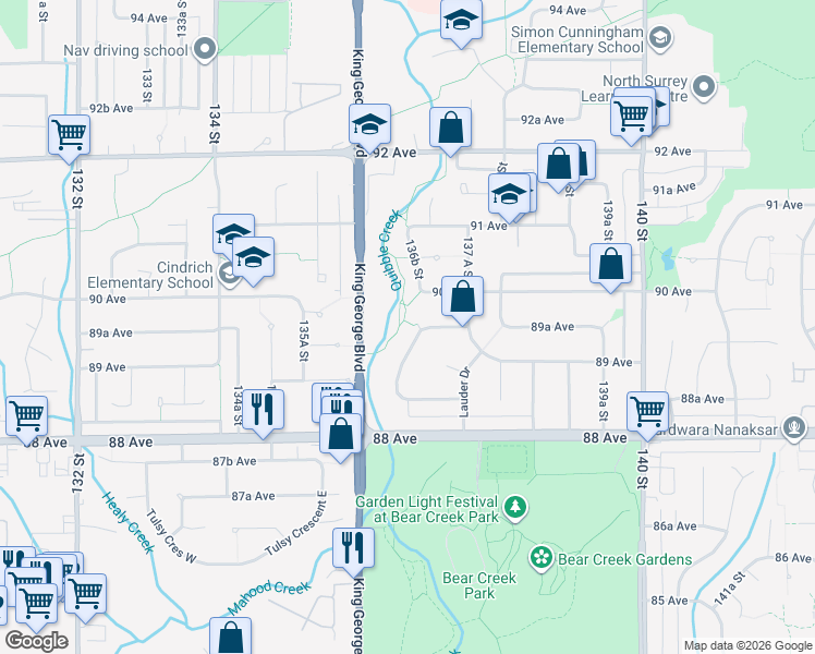 map of restaurants, bars, coffee shops, grocery stores, and more near 8947 Ursus Crescent in Surrey
