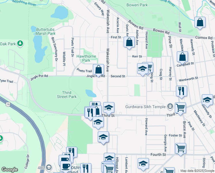 map of restaurants, bars, coffee shops, grocery stores, and more near Montague Road in Nanaimo