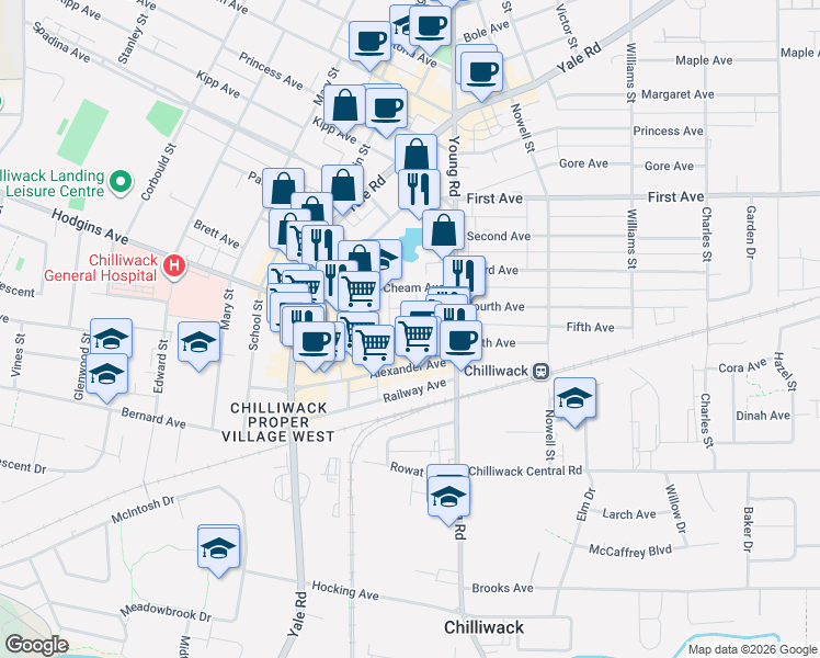 map of restaurants, bars, coffee shops, grocery stores, and more near 45893 Chesterfield Avenue in Chilliwack