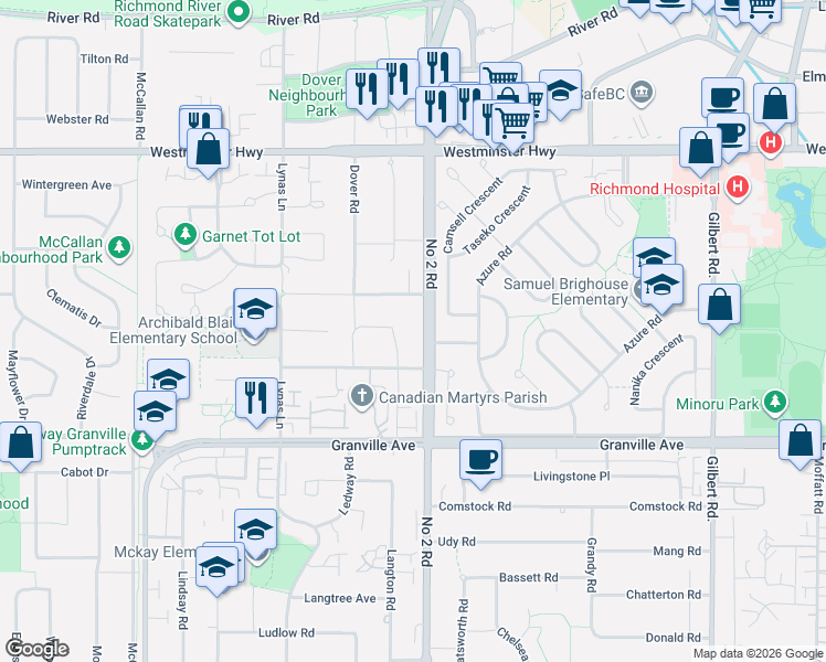 map of restaurants, bars, coffee shops, grocery stores, and more near 6511 Number 2 Road in Richmond