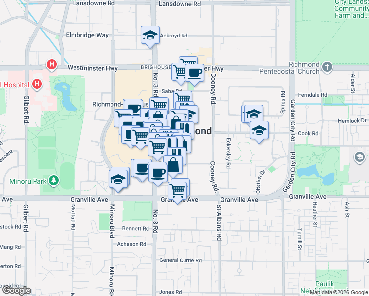 map of restaurants, bars, coffee shops, grocery stores, and more near 6633 Buswell Street in Richmond