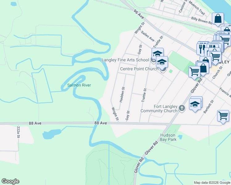 map of restaurants, bars, coffee shops, grocery stores, and more near 8946 Wright Street in Langley Township