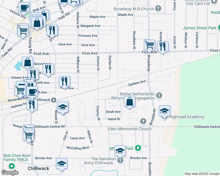 map of restaurants, bars, coffee shops, grocery stores, and more near 46385 Loring Avenue in Chilliwack