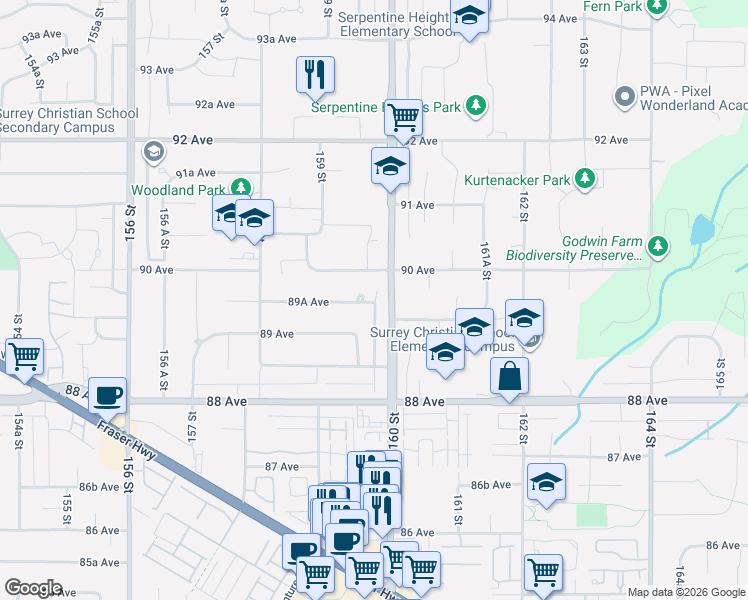 map of restaurants, bars, coffee shops, grocery stores, and more near 89A Avenue in Surrey
