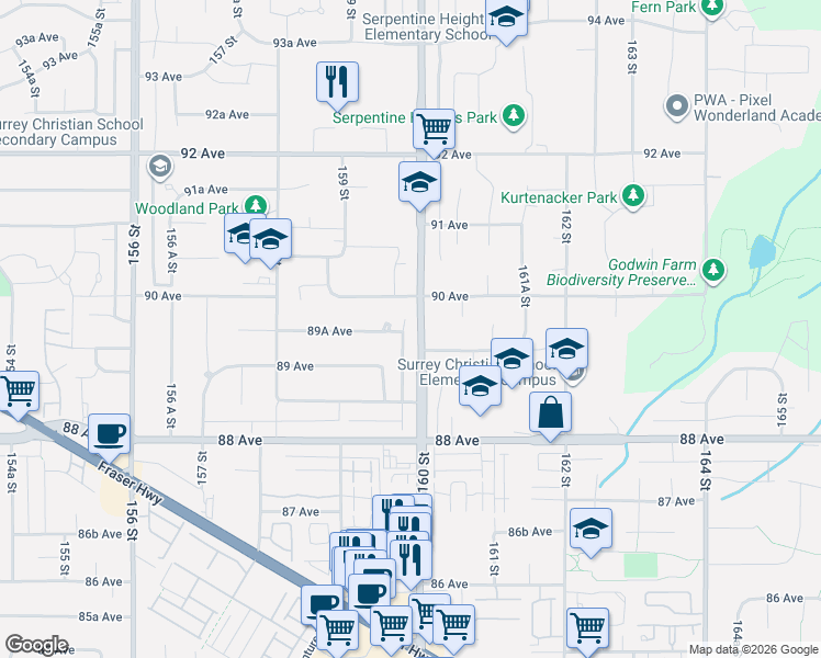 map of restaurants, bars, coffee shops, grocery stores, and more near 8965 160 Street in Surrey