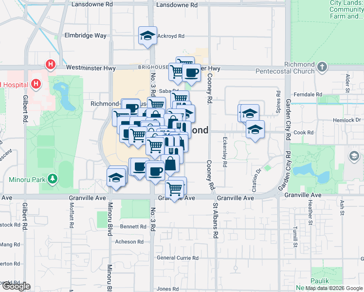 map of restaurants, bars, coffee shops, grocery stores, and more near 6633 Buswell Street in Richmond