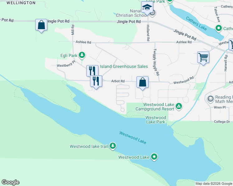 map of restaurants, bars, coffee shops, grocery stores, and more near Woss Lake Drive in Nanaimo