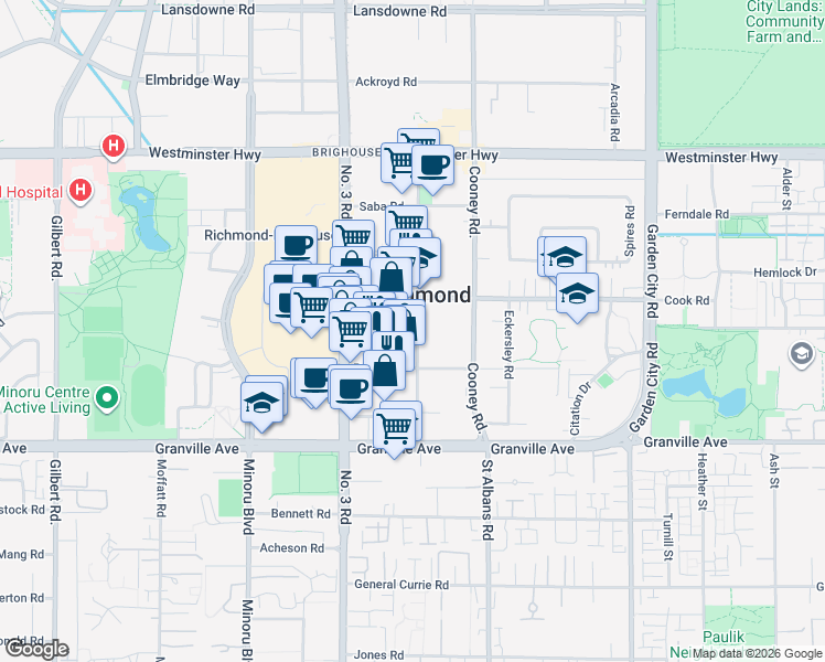 map of restaurants, bars, coffee shops, grocery stores, and more near 6633 Buswell Street in Richmond