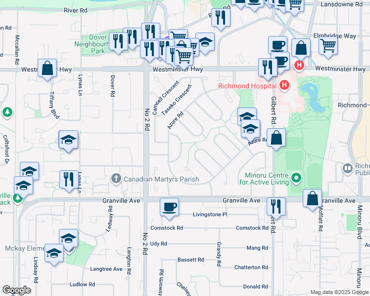 map of restaurants, bars, coffee shops, grocery stores, and more near 6180 Kalamalka Crescent in Richmond