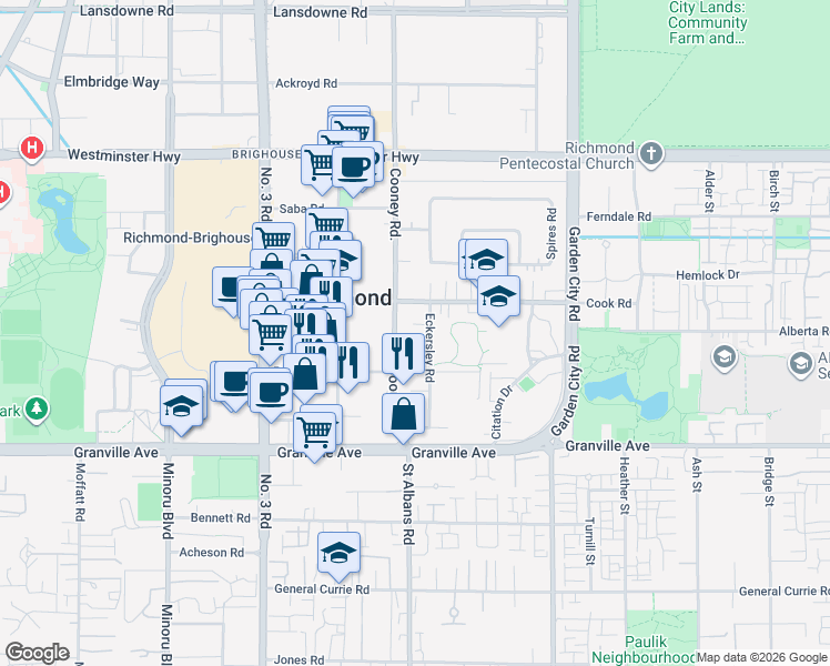 map of restaurants, bars, coffee shops, grocery stores, and more near 6611 Eckersley Road in Richmond