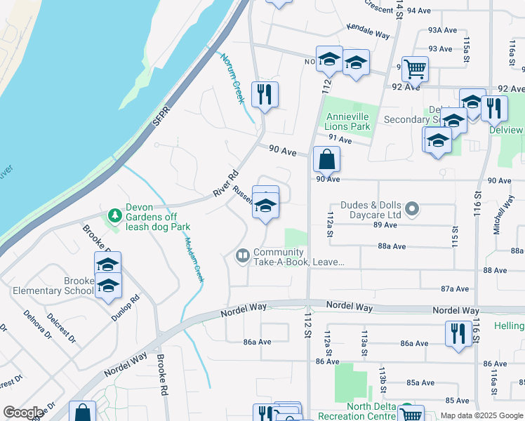 map of restaurants, bars, coffee shops, grocery stores, and more near 8916 Russell Drive in Delta