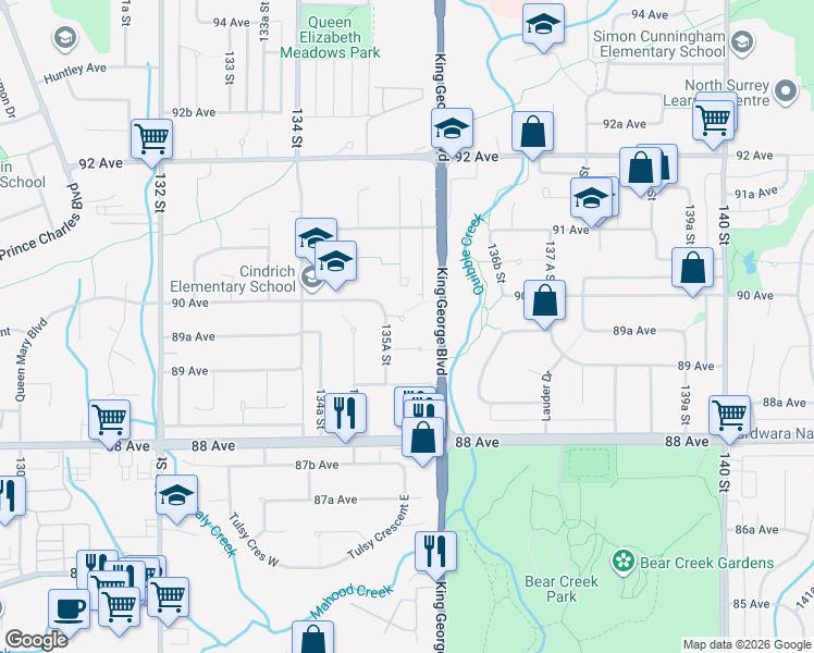 map of restaurants, bars, coffee shops, grocery stores, and more near 13546 Bryan Place in Surrey
