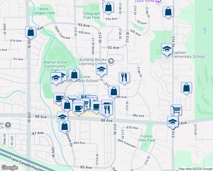 map of restaurants, bars, coffee shops, grocery stores, and more near 21211 89B Avenue in Langley City
