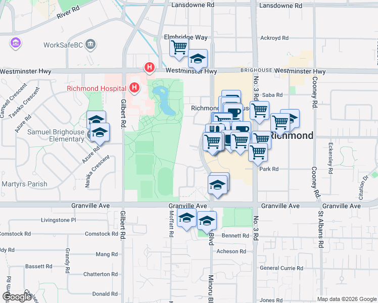 map of restaurants, bars, coffee shops, grocery stores, and more near 6631 Minoru Boulevard in Richmond