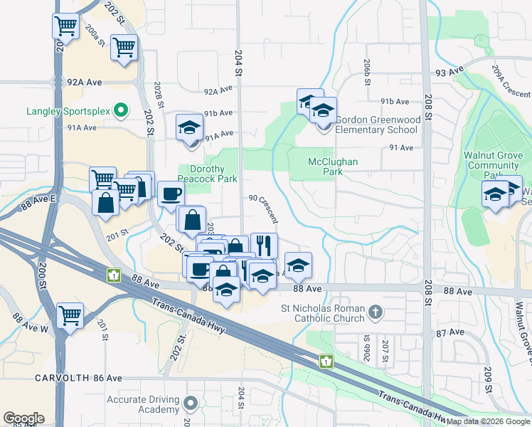 map of restaurants, bars, coffee shops, grocery stores, and more near 20448 90 Crescent in Langley Township
