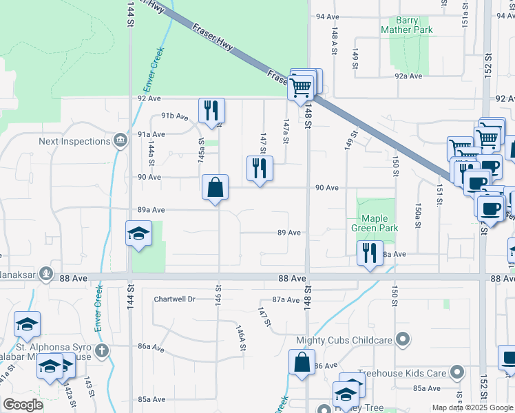 map of restaurants, bars, coffee shops, grocery stores, and more near in Surrey