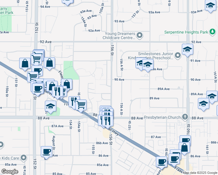 map of restaurants, bars, coffee shops, grocery stores, and more near 15584 89B Avenue in Surrey
