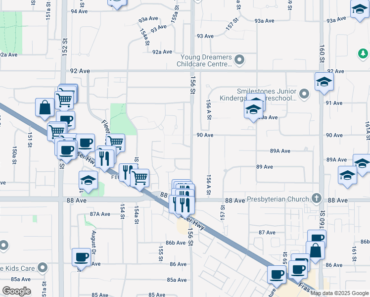 map of restaurants, bars, coffee shops, grocery stores, and more near 15576 89B Avenue in Surrey