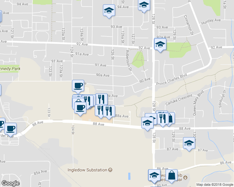 map of restaurants, bars, coffee shops, grocery stores, and more near 12621 89A Avenue in Surrey