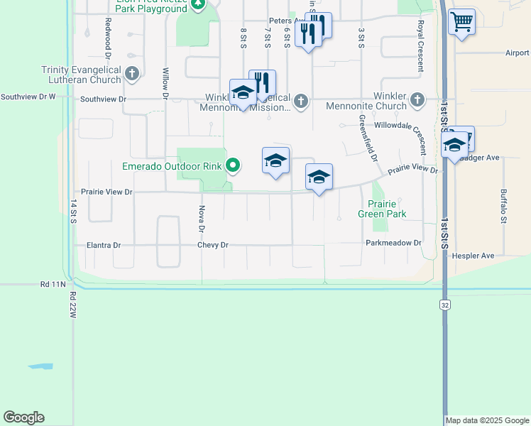 map of restaurants, bars, coffee shops, grocery stores, and more near 22 Galaxie Bay in Winkler