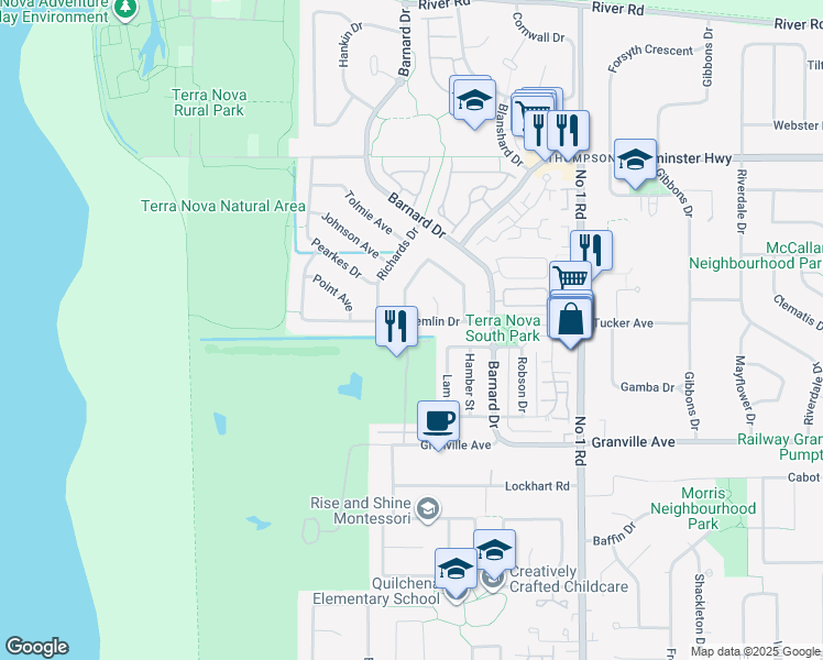 map of restaurants, bars, coffee shops, grocery stores, and more near 3560 Semlin Drive in Richmond