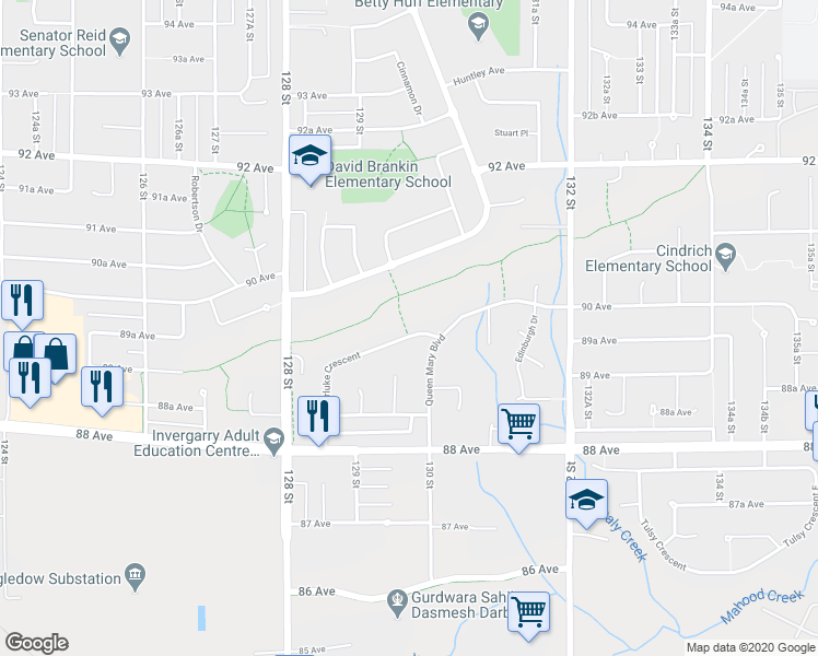 map of restaurants, bars, coffee shops, grocery stores, and more near 12842 Carluke Crescent in Surrey