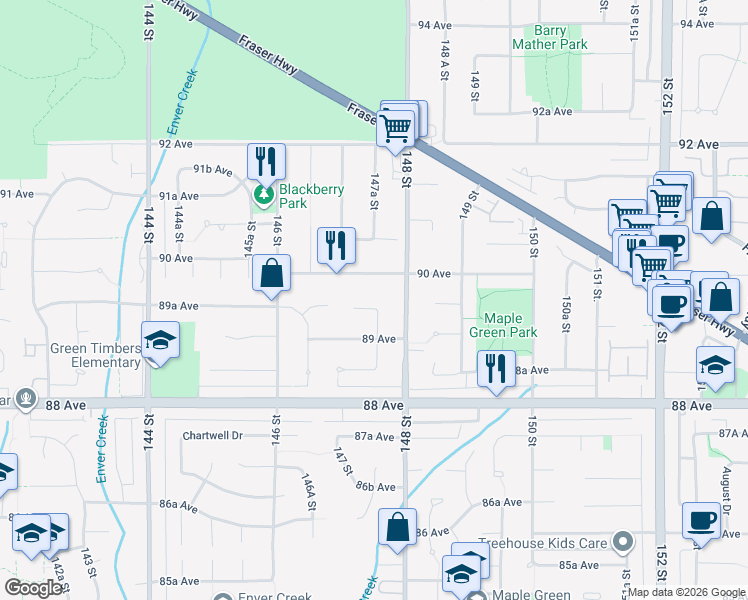map of restaurants, bars, coffee shops, grocery stores, and more near 14751 89A Avenue in Surrey