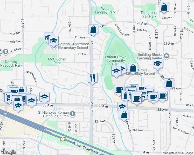 map of restaurants, bars, coffee shops, grocery stores, and more near 8976 208 Street in Langley Township