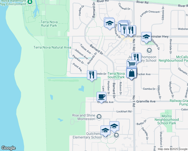 map of restaurants, bars, coffee shops, grocery stores, and more near 3528 Semlin Drive in Richmond