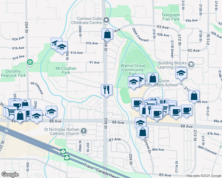 map of restaurants, bars, coffee shops, grocery stores, and more near 8976 208 Street in Langley Township