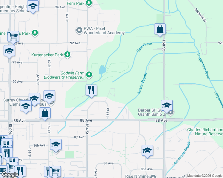 map of restaurants, bars, coffee shops, grocery stores, and more near 16487 89 Avenue in Surrey