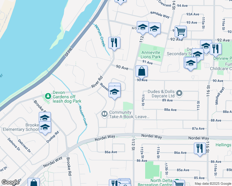 map of restaurants, bars, coffee shops, grocery stores, and more near 8905 Watson Drive in Delta