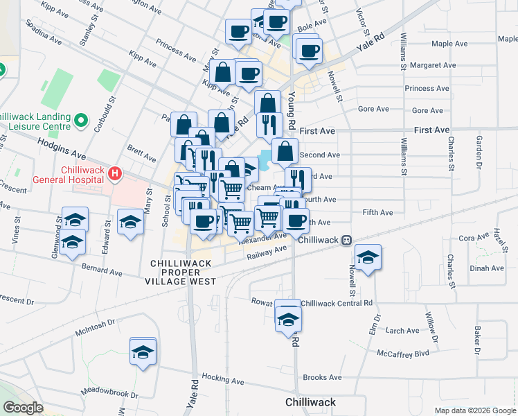 map of restaurants, bars, coffee shops, grocery stores, and more near 45893 Chesterfield Avenue in Chilliwack