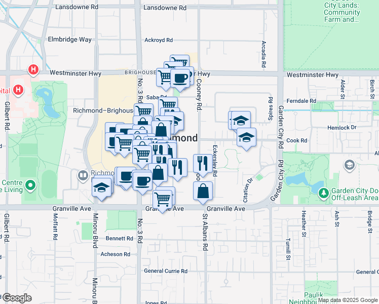 map of restaurants, bars, coffee shops, grocery stores, and more near in Richmond
