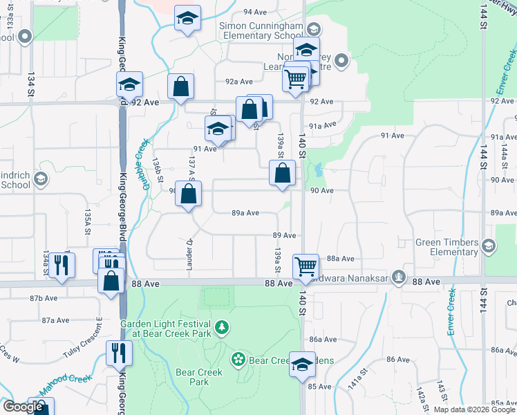map of restaurants, bars, coffee shops, grocery stores, and more near 13903 89A Avenue in Surrey